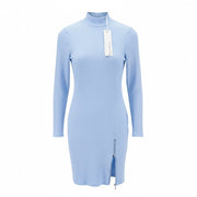 JOHN RICHMOND Women's Dress S Blue Ribbed Cut-Out Long Sleeve Logo Zip Mini