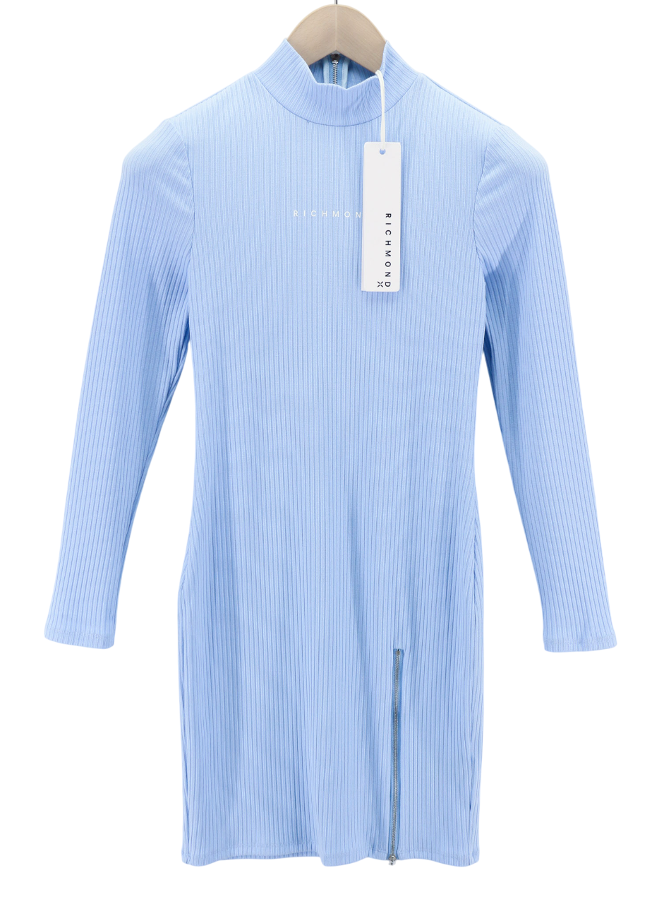 JOHN RICHMOND Women's Dress S Blue Ribbed Cut-Out Long Sleeve Logo Zip Mini