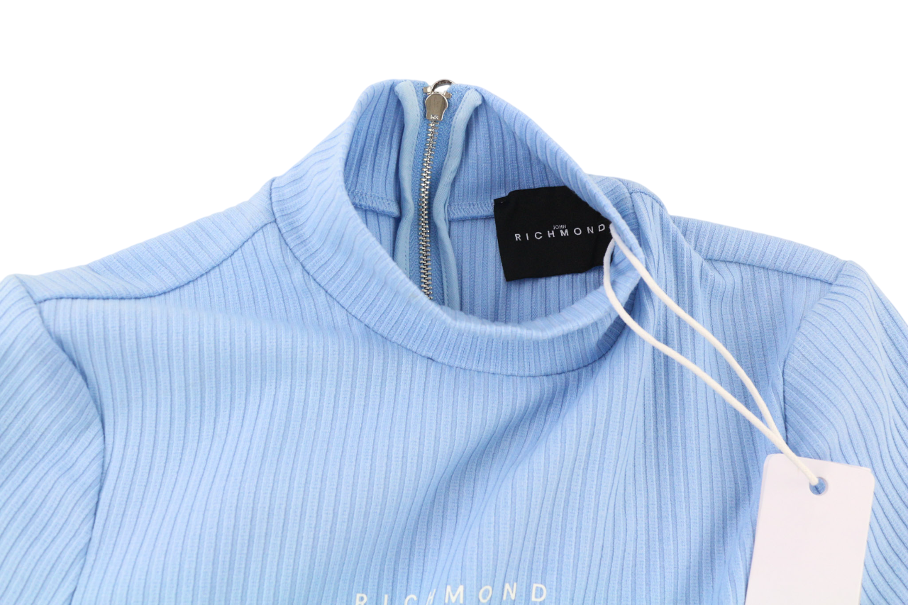 JOHN RICHMOND Women's Dress S Blue Ribbed Cut-Out Long Sleeve Logo Zip Mini