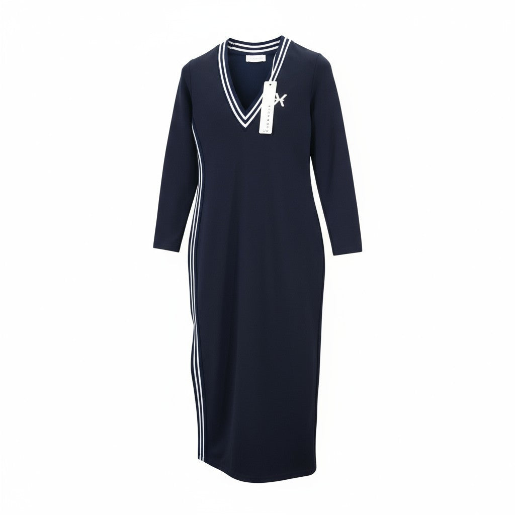 RICHMOND Women's Dress S Dark Blue V-Neck Long Sleeve Split Fitted Front Logo