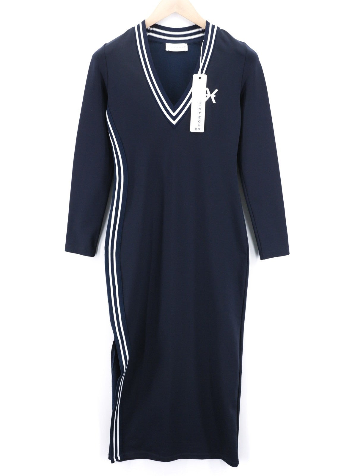 RICHMOND Women's Dress S Dark Blue V-Neck Long Sleeve Split Fitted Front Logo