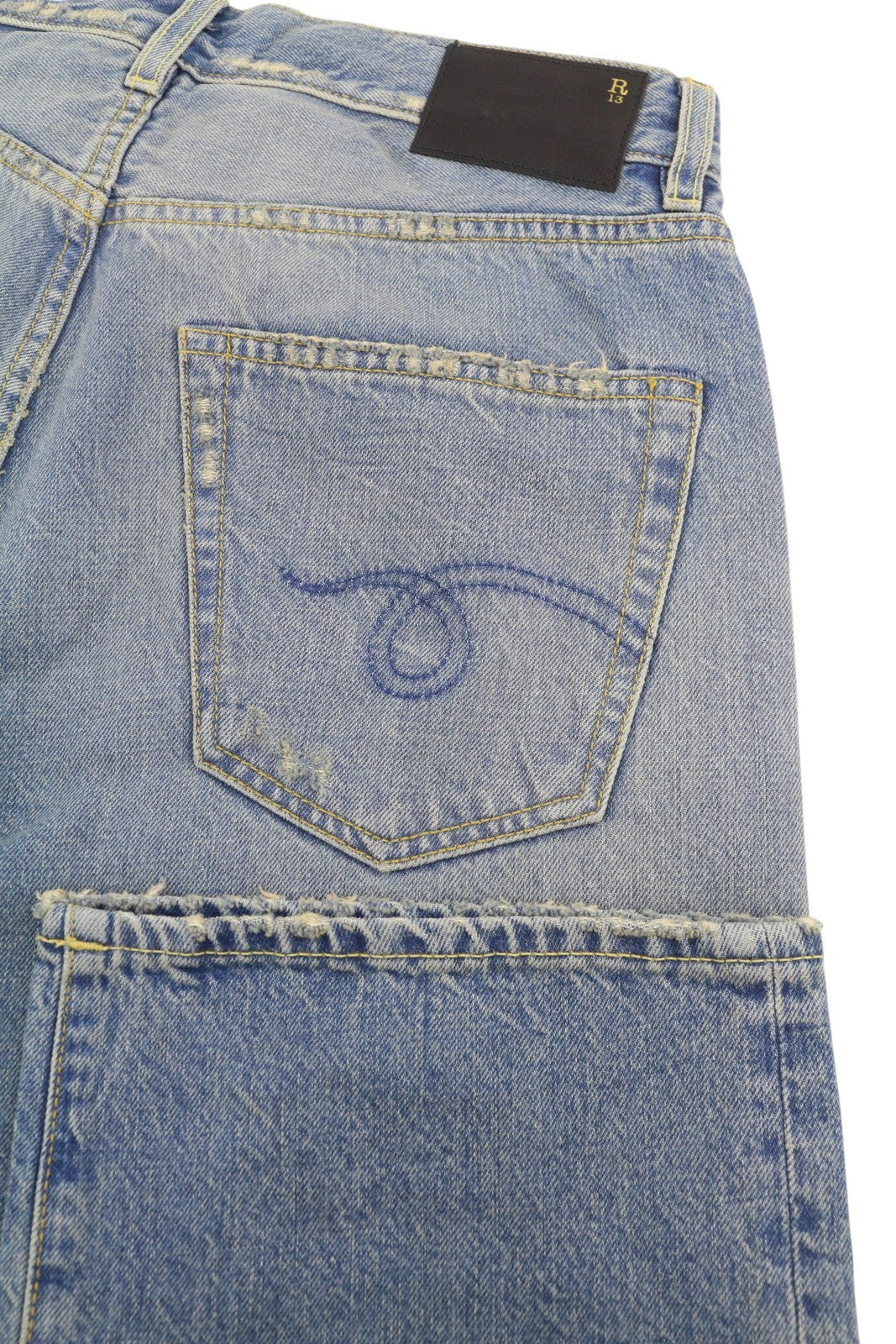 R13 X-BF moteriški džinsai 25 Merrin mėlyni ūsuoti skalbti žemo liemens džinsai PF25 RRP799 