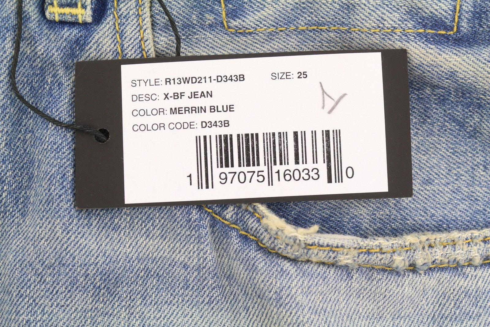 R13 X-BF moteriški džinsai 25 Merrin mėlyni ūsuoti skalbti žemo liemens džinsai PF25 RRP799 