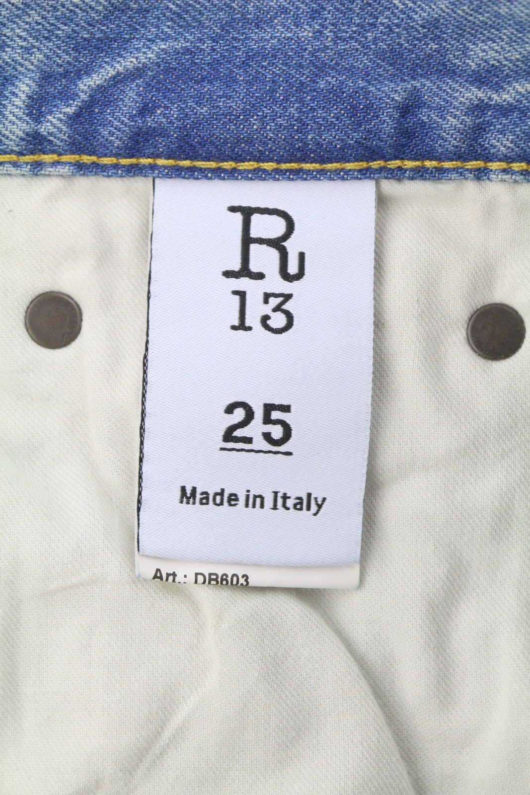 R13 X-BF moteriški džinsai 25 Merrin mėlyni ūsuoti skalbti žemo liemens džinsai PF25 RRP799 