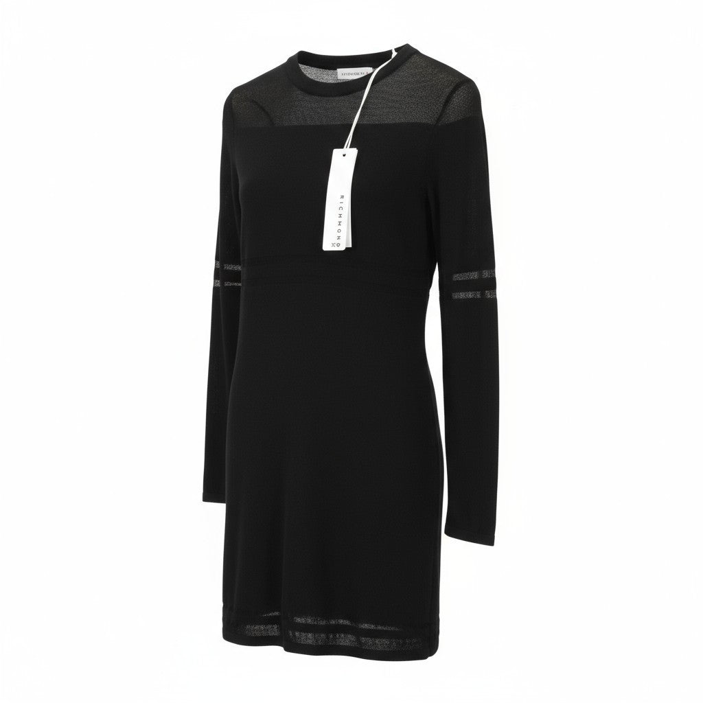 JOHN RICHMOND Women's Dress S Black Transparent Knit Long Sleeve Logo Short