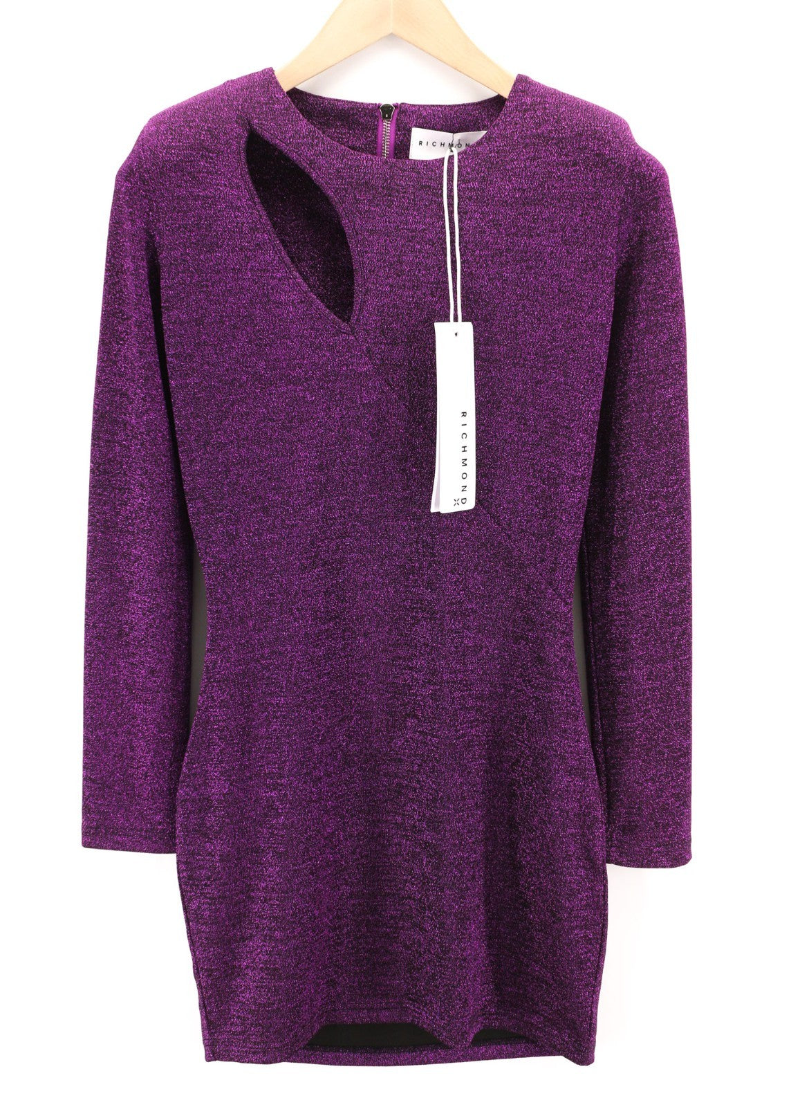 JOHN RICHMOND Women's Dress S Violet Glitter Fitted Long Sleeve Short Cut-Out