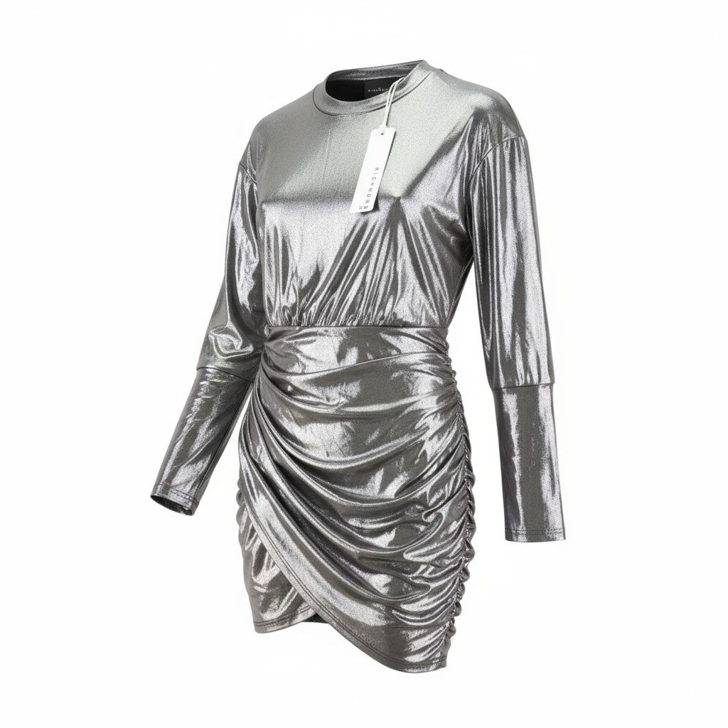 JOHN RICHMOND Women's Dress S Silver Shiny Long Sleeve Mock Neck Mini Fit