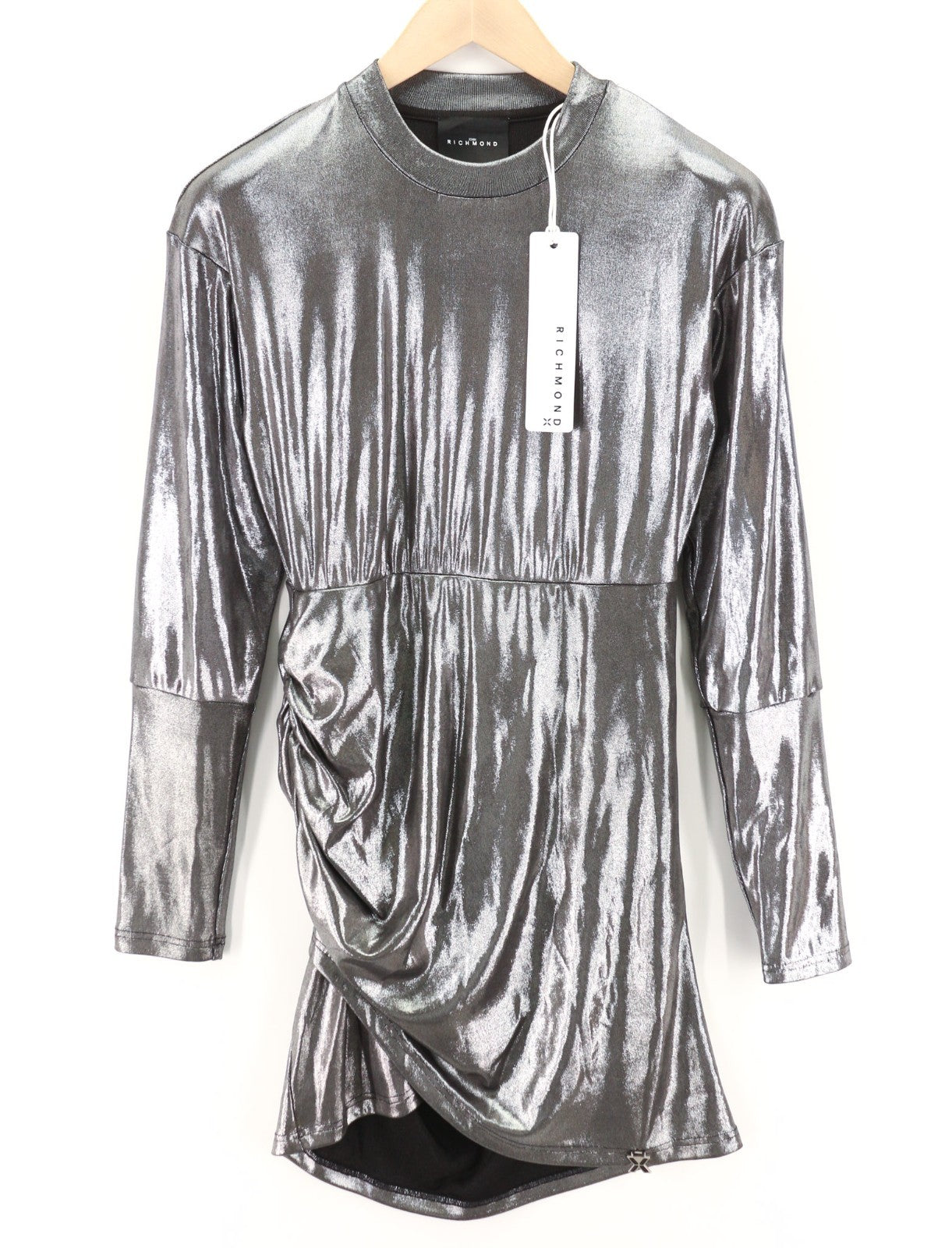 JOHN RICHMOND Women's Dress S Silver Shiny Long Sleeve Mock Neck Mini Fit