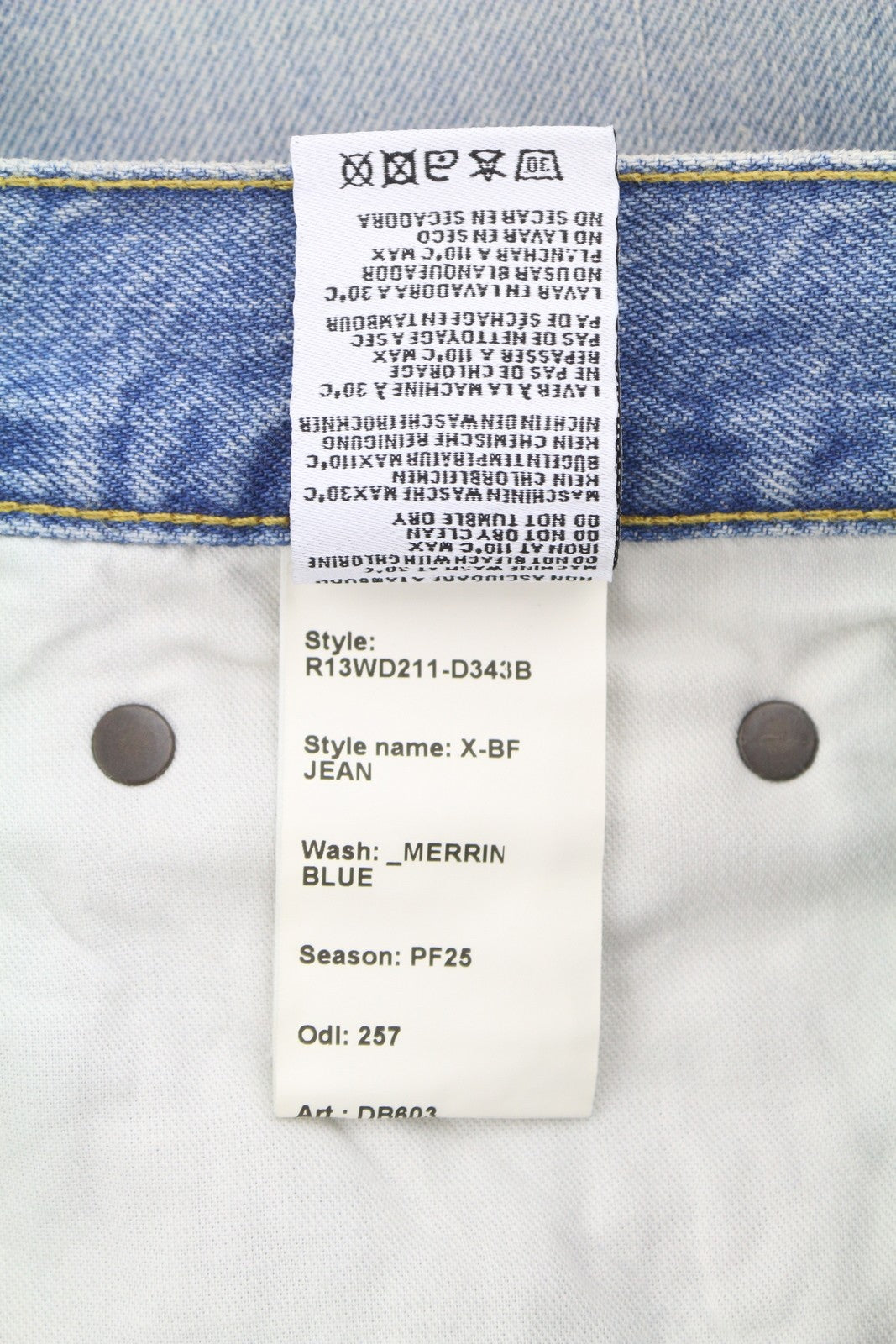 R13 X-BF moteriški džinsai 25 Merrin mėlyni ūsai su išblukusia, žema juostele, užtrauktuku PF25 RRP799 