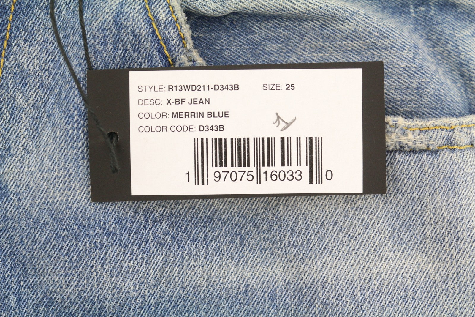 R13 X-BF moteriški džinsai 25 Merrin mėlyni ūsai su išblukusia, žema juostele, užtrauktuku PF25 RRP799 