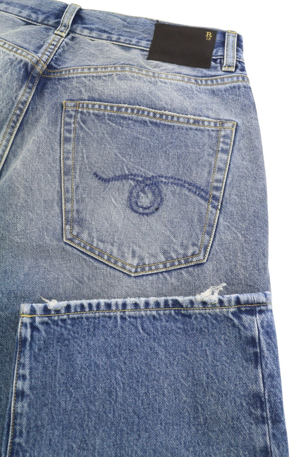 R13 Cuffed X-BF Women Jeans 28 Jasper Straight Fit Whiskers Faded Denim PF25