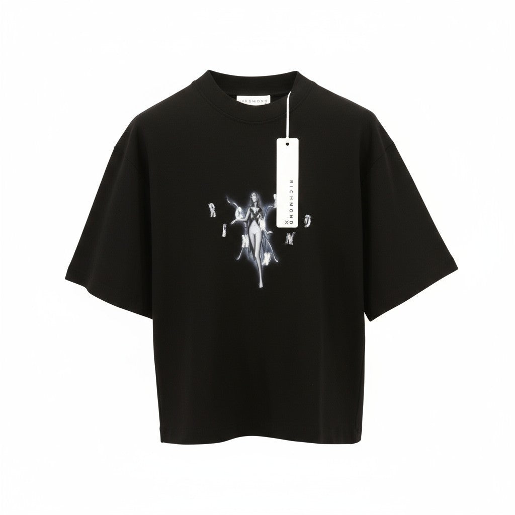 RICHMOND Women's T-Shirt S Black Oversized Crew Print Stretch Cotton Logo