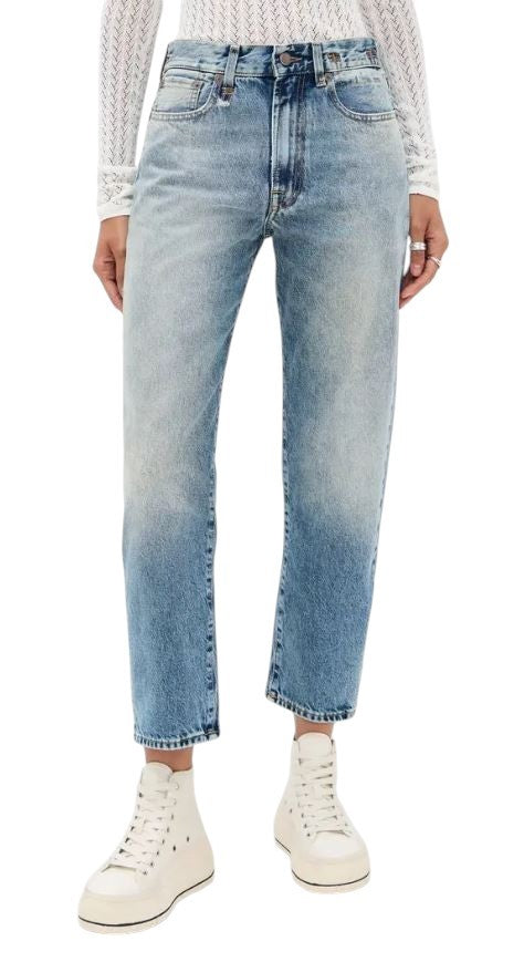R13 Boyfriend Women Jeans 28 Jasper Whiskers Faded Cropped Blue PF25 RRP699