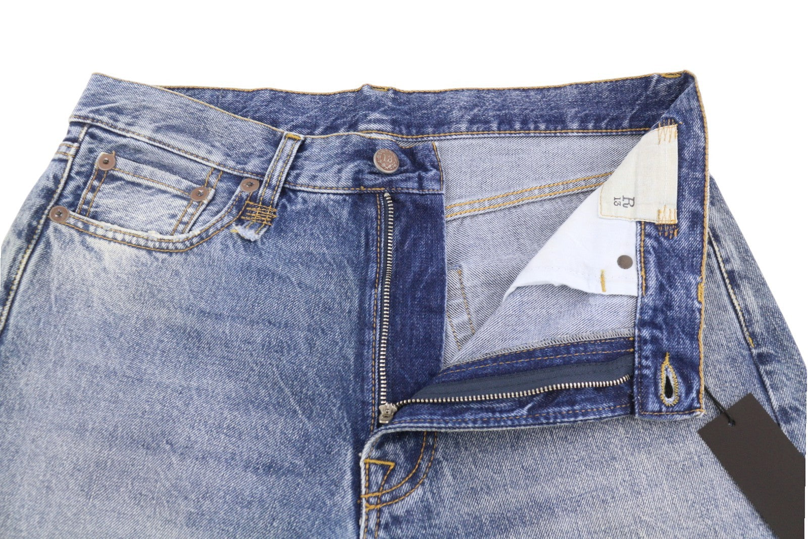 R13 Boyfriend moteriški džinsai 28 Jasper ūsai išblukę trumpinti mėlyni PF25 RRP699 