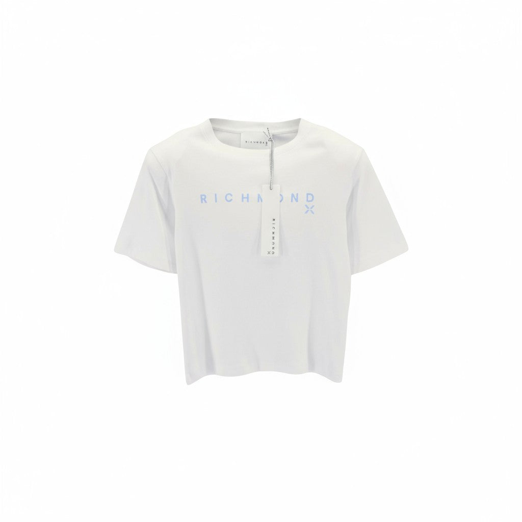 JOHN RICHMOND Women's T-Shirt S White Shoulder Pads Crew Logo Short Sleeve