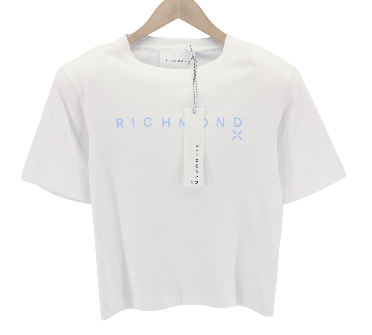 JOHN RICHMOND Women's T-Shirt S White Shoulder Pads Crew Logo Short Sleeve
