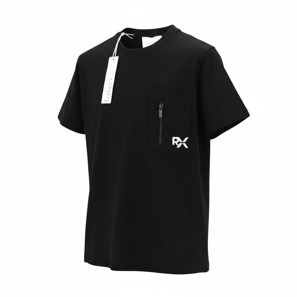 JOHN RICHMOND Men's T-Shirt M Black Crew Short Sleeve Cotton Zip Pocket Logo