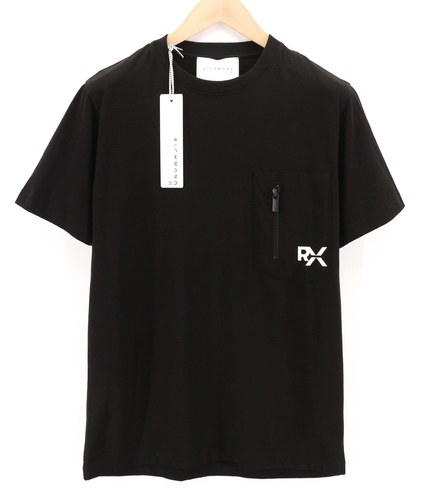 JOHN RICHMOND Men's T-Shirt M Black Crew Short Sleeve Cotton Zip Pocket Logo