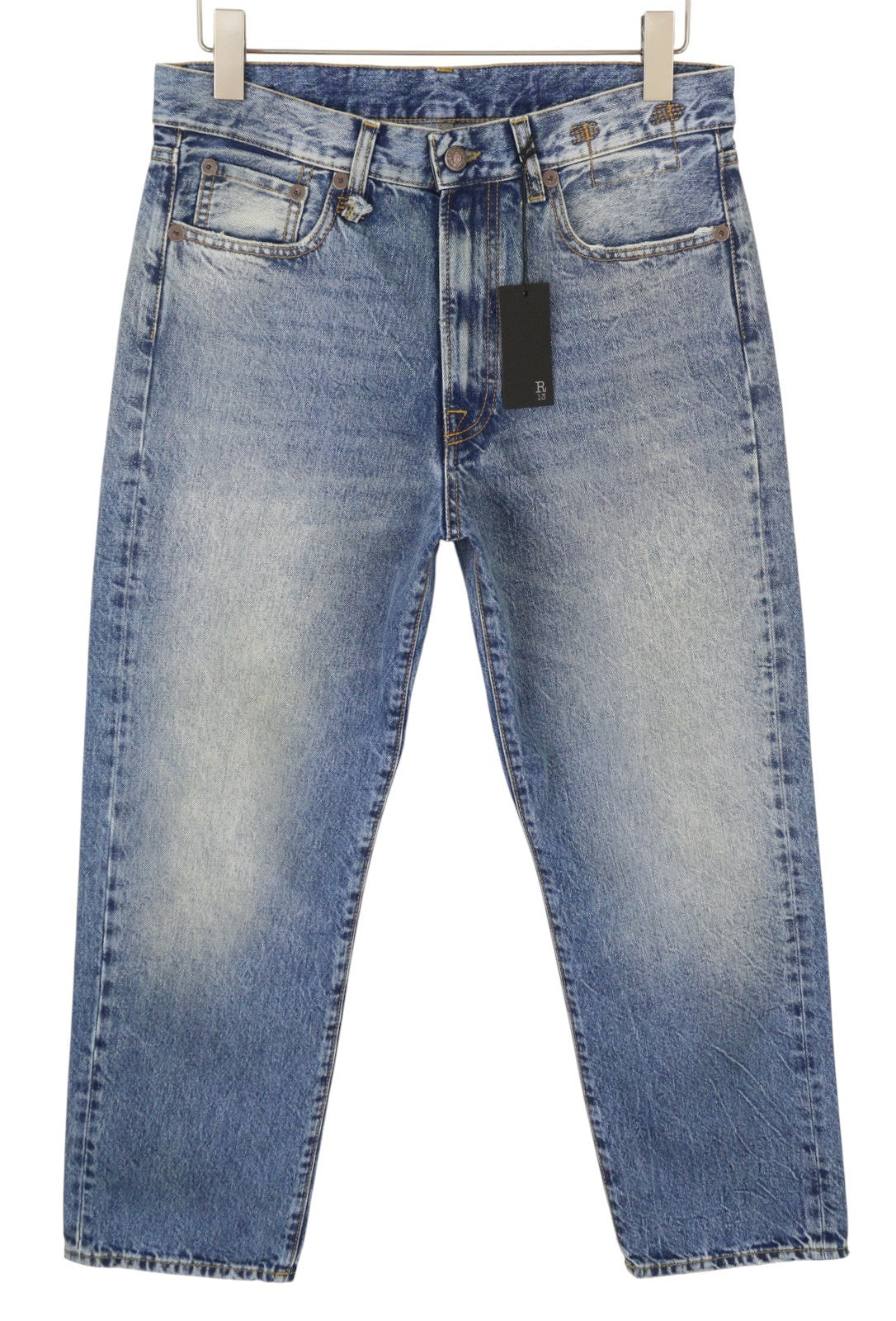 R13 Boyfriend Women Jeans 27 Jasper Cropped Whiskers Faded Blue PF25 RRP699