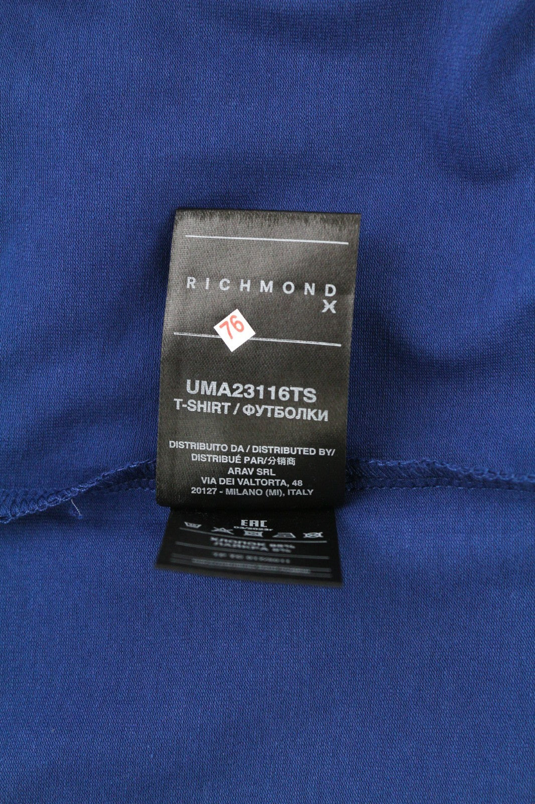 RICHMOND Men's T-Shirt M Blue Crew Short Sleeve Cotton Logo Stretch All Seasons