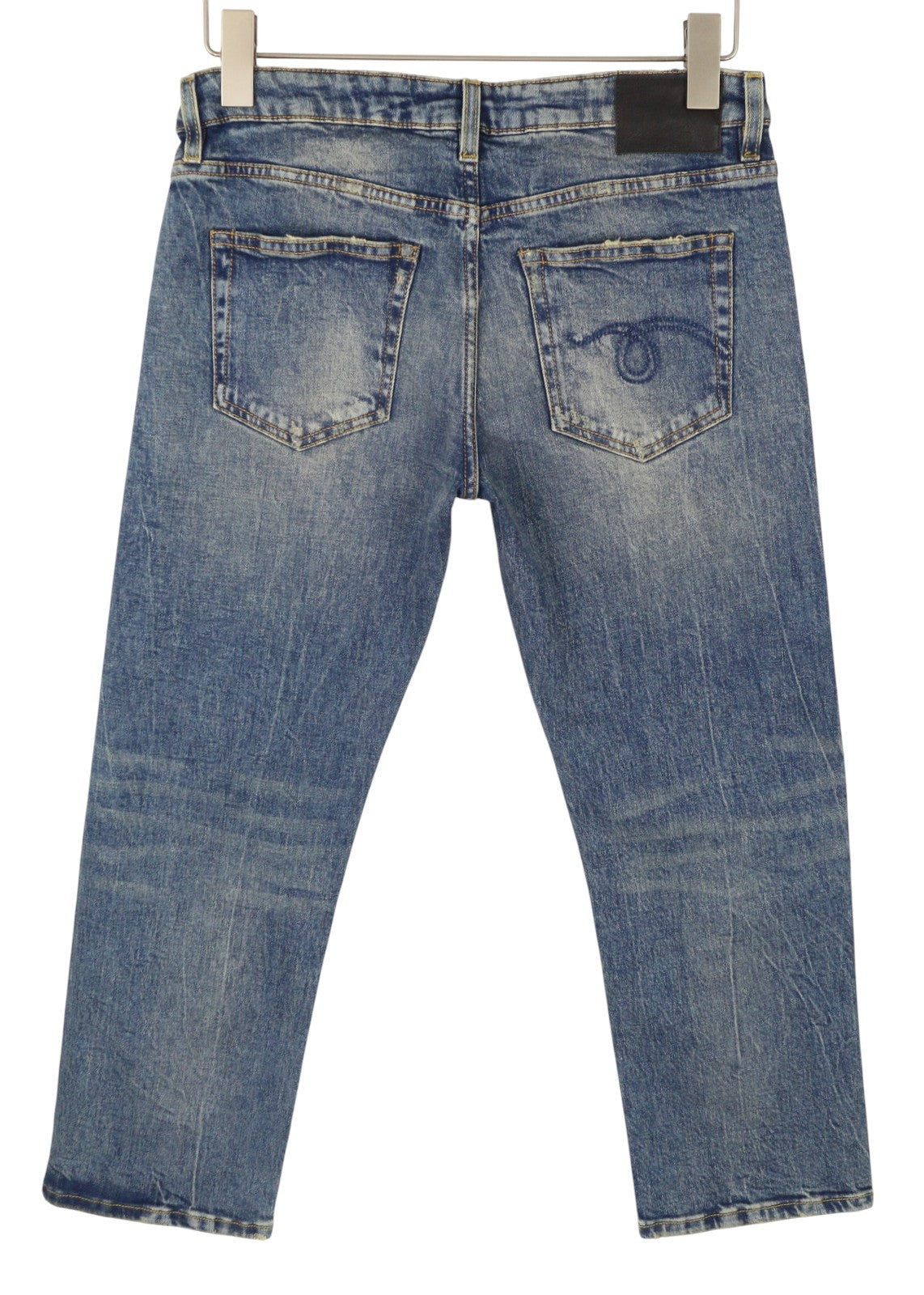 R13 berniukiški tiesūs moteriški džinsai 27 Kelly tamprūs trumpi išblukintos mėlynos spalvos džinsai RRP699 