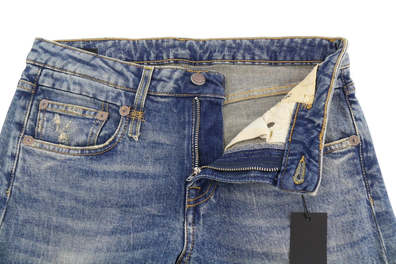 R13 berniukiški tiesūs moteriški džinsai 27 Kelly tamprūs trumpi išblukintos mėlynos spalvos džinsai RRP699 