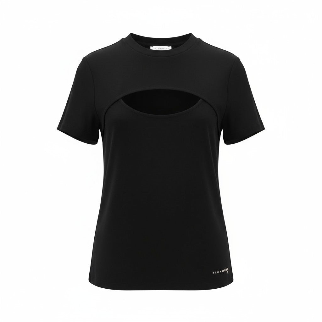 RICHMOND Women's T-Shirt S Black Crew Cut-Out Short Sleeve Logo All Seasons