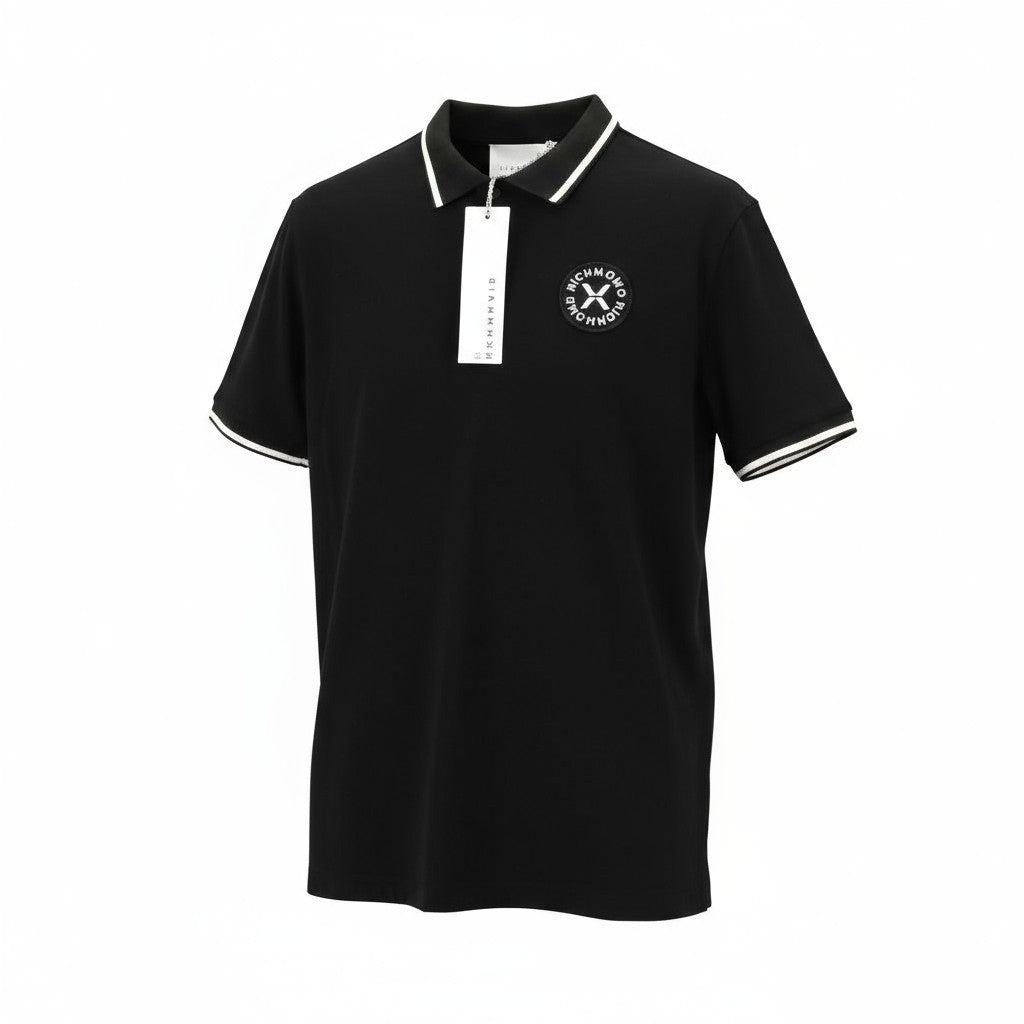 JOHN RICHMOND Men's T-Shirt M Black Polo Short Sleeve Patch Logo All Seasons
