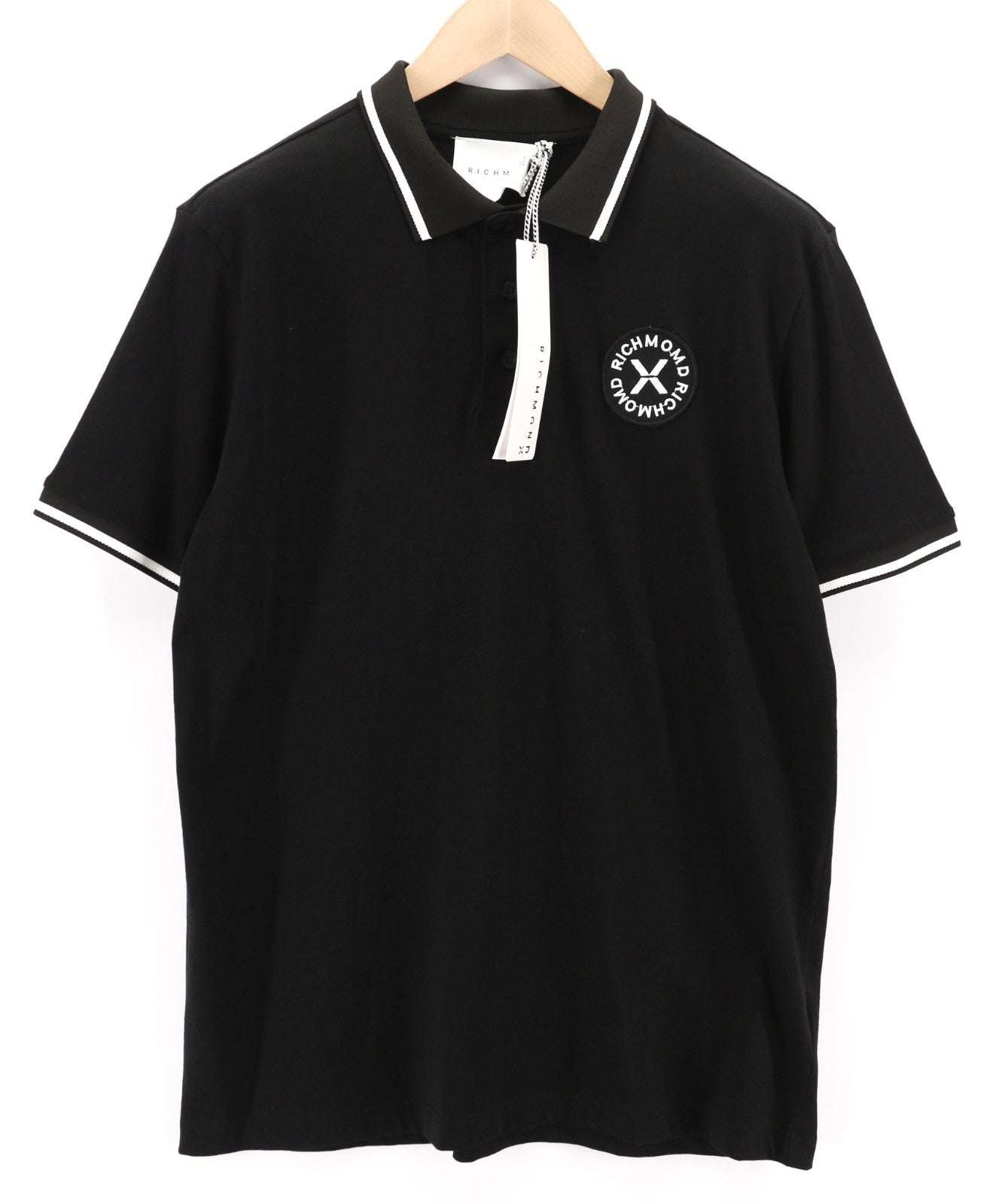 JOHN RICHMOND Men's T-Shirt M Black Polo Short Sleeve Patch Logo All Seasons