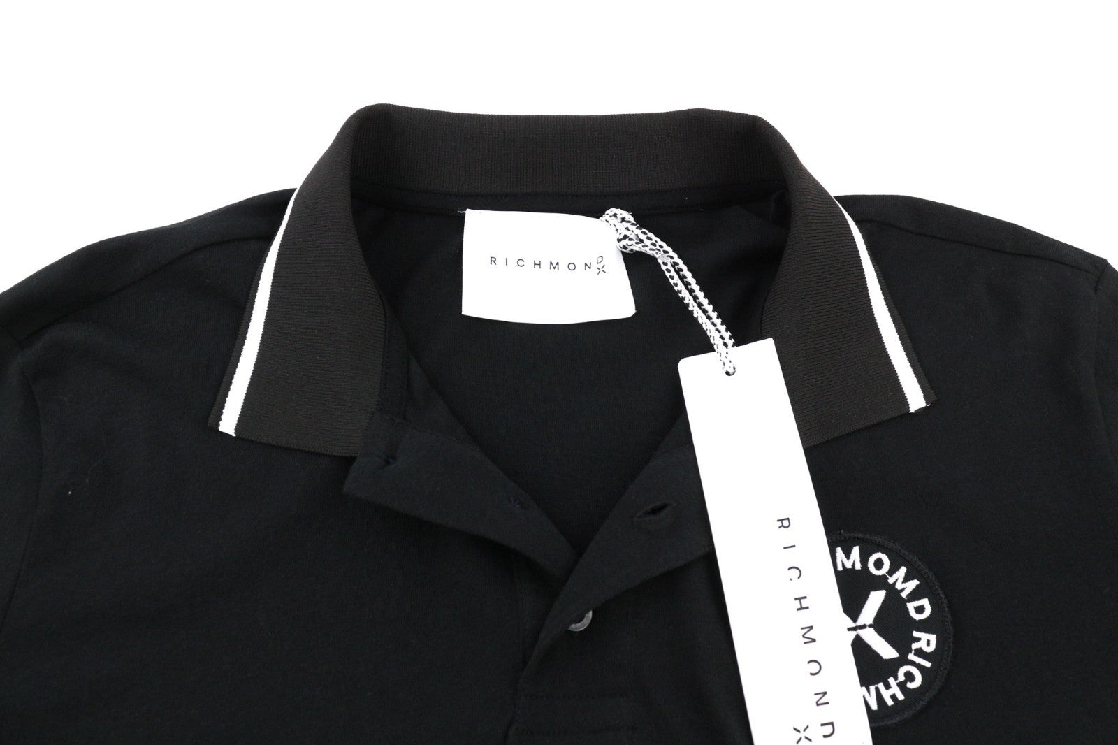 JOHN RICHMOND Men's T-Shirt M Black Polo Short Sleeve Patch Logo All Seasons