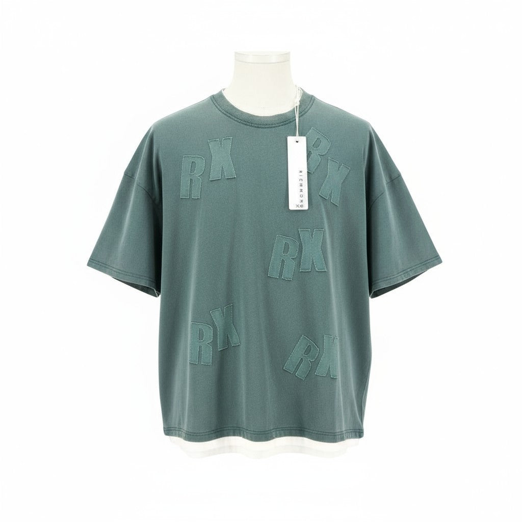 JOHN RICHMOND Men's T-Shirt L Green Oversized Crew Neck Patch Logo Short Sleeve