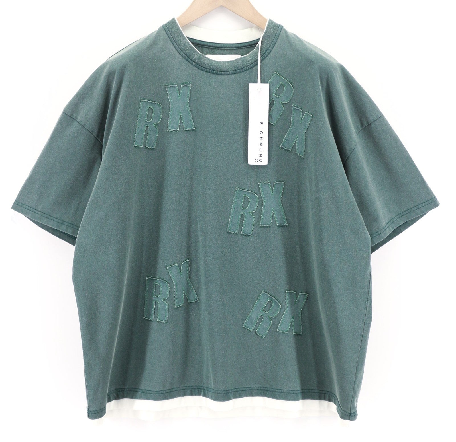 JOHN RICHMOND Men's T-Shirt L Green Oversized Crew Neck Patch Logo Short Sleeve