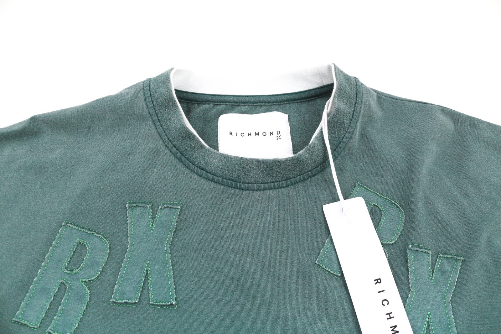 JOHN RICHMOND Men's T-Shirt L Green Oversized Crew Neck Patch Logo Short Sleeve