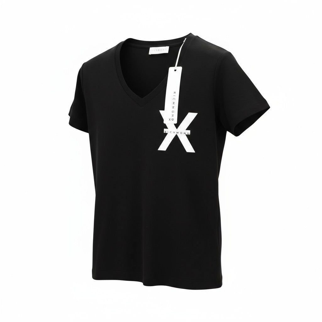 RICHMOND Women's T-Shirt S Black V-Neck Logo Short Sleeve Casual All Seasons