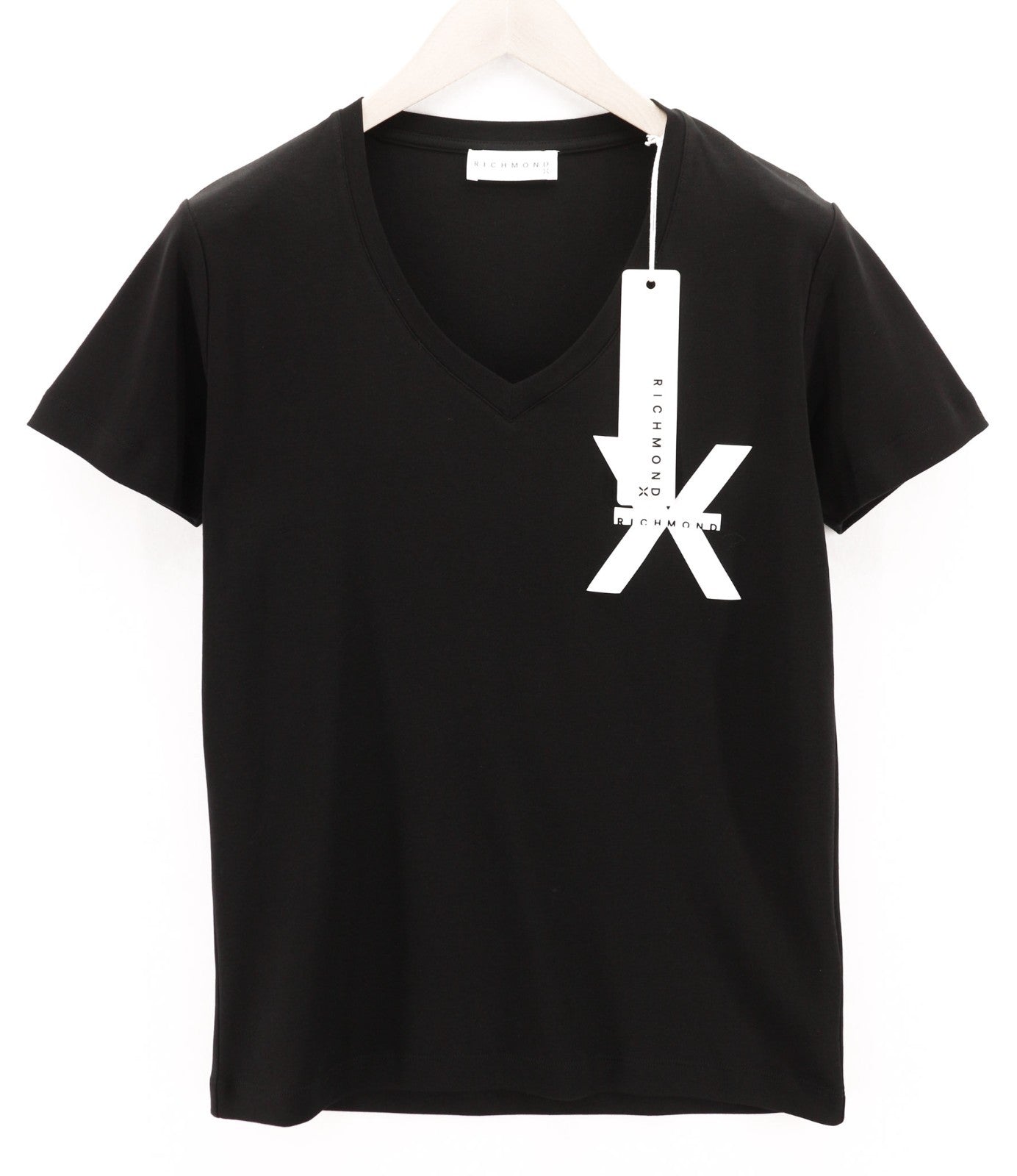 RICHMOND Women's T-Shirt S Black V-Neck Logo Short Sleeve Casual All Seasons