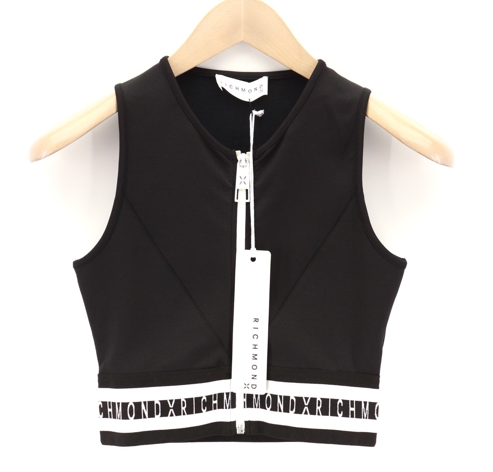 RICHMOND Fitness Women's T-Shirt S Black Sleeveless Zip Crew Crop Logo Stretch