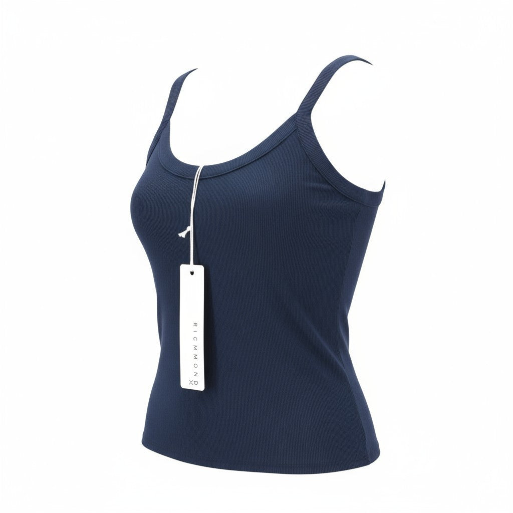 RICHMOND Women's T-Shirt S Navy Sleeveless Ribbed Logo Tank Round Neck Regular