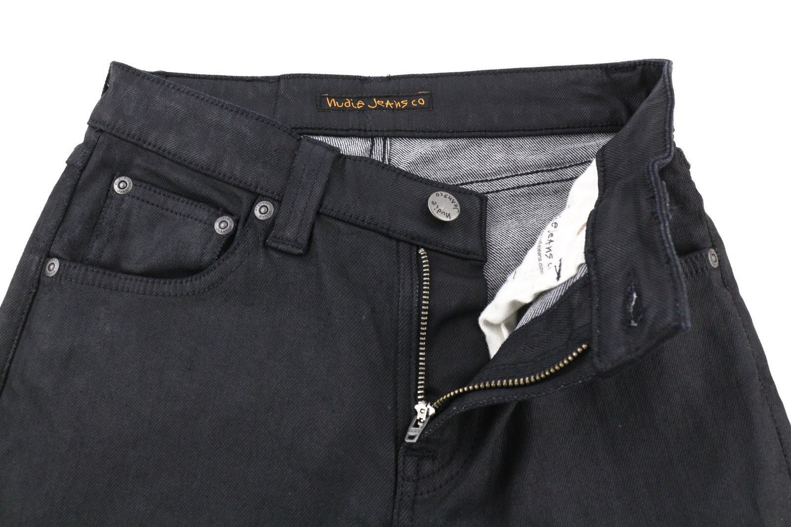 NUDIE JEANS Skinny Lin moteriški džinsai W26/L32 juodi su juodu dengtu ekologišku audiniu 