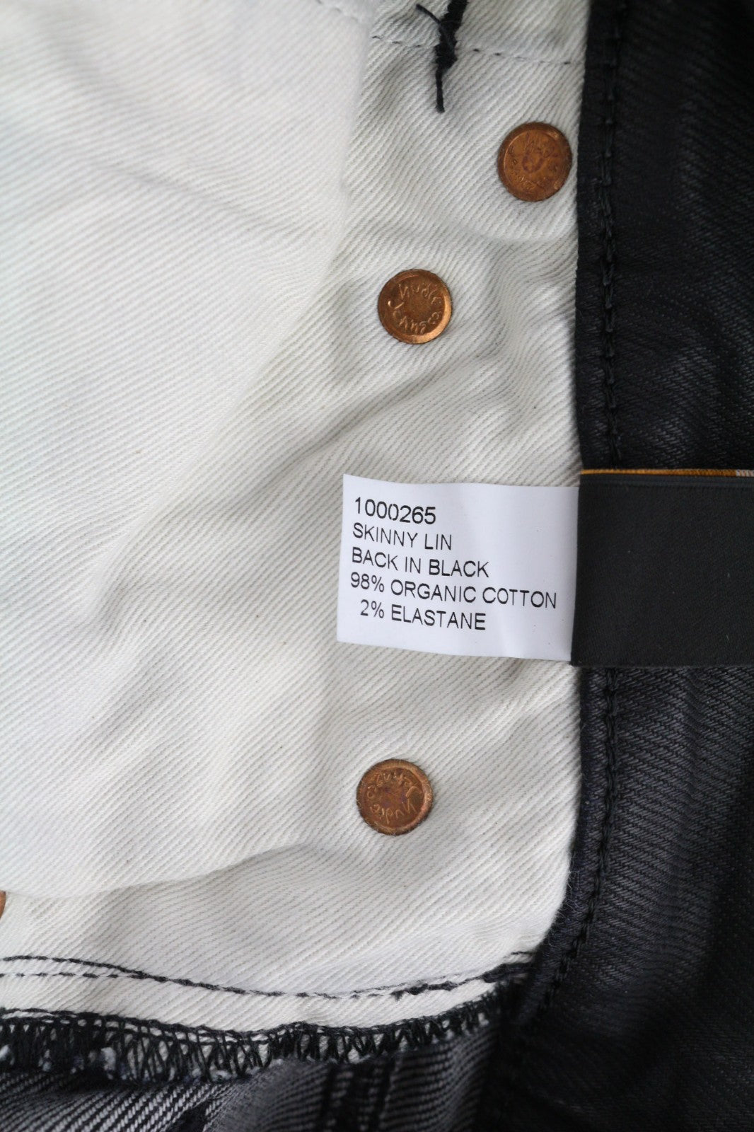 NUDIE JEANS Skinny Lin moteriški džinsai W26/L32 juodi su juodu dengtu ekologišku audiniu 