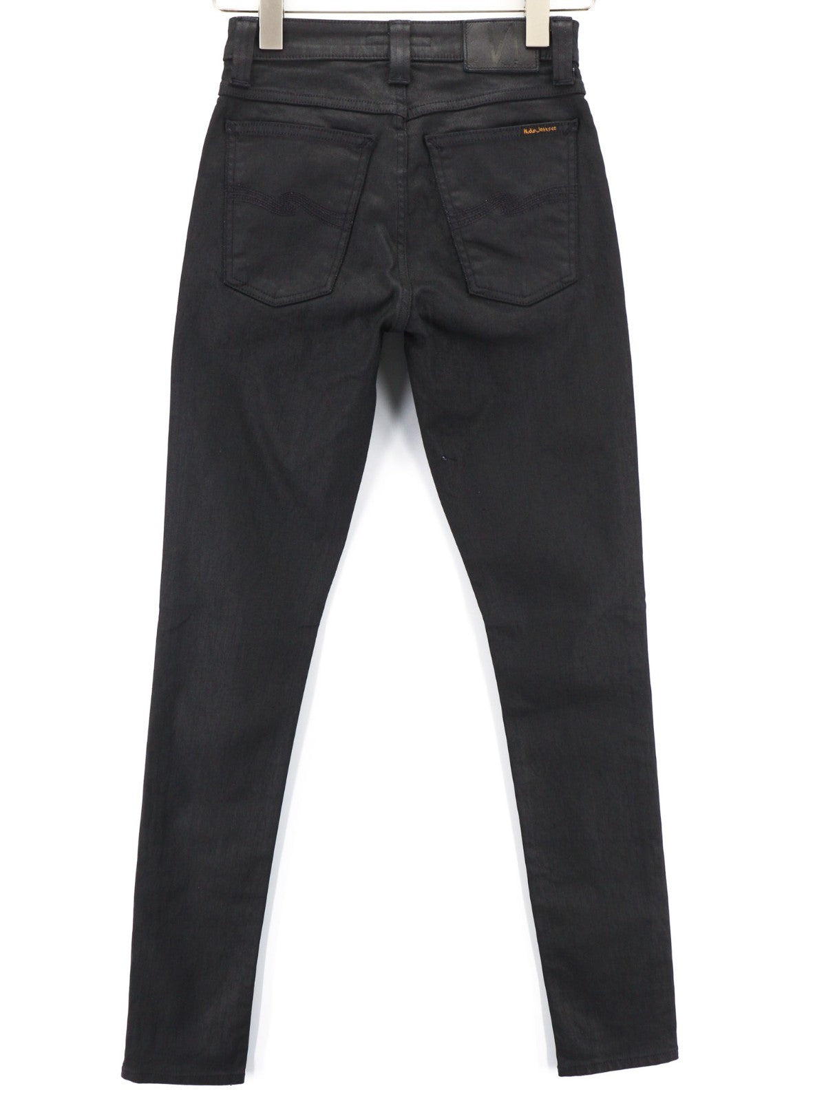 NUDIE JEANS Skinny Lin moteriški džinsai W27/L34 juodi su juodu dengtu ekologišku audiniu 