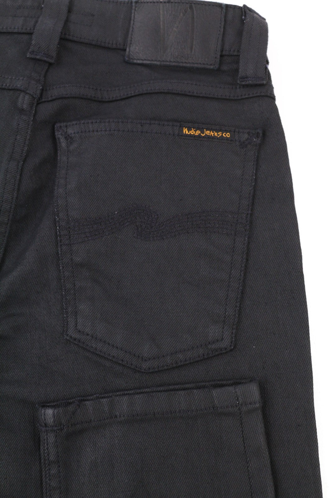 NUDIE JEANS Skinny Lin moteriški džinsai W27/L34 juodi su juodu dengtu ekologišku audiniu 