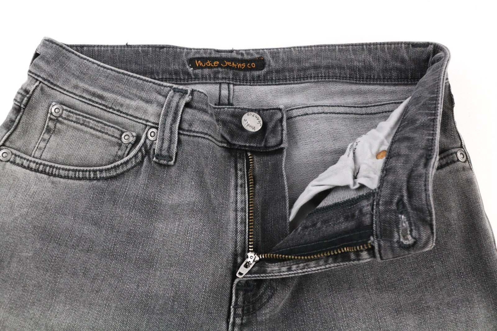 NUDIE JEANS Skinny Lin Men's Jeans W28/L34 Grey Wolf Washed Stretch Denim Logo