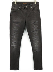NUDIE JEANS Skinny Lin Used Black Men's Jeans W29/L32 Distressed Whiskers Zip