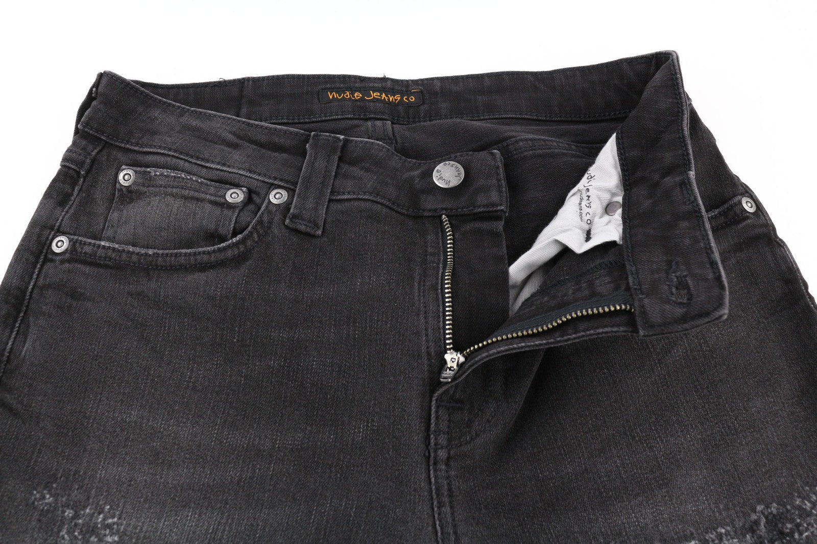 NUDIE JEANS Skinny Lin dėvėti juodi vyriški džinsai W30/L32 išblukusi medvilnė 