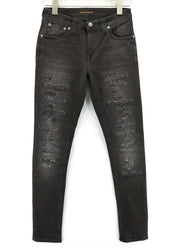 NUDIE JEANS Skinny Lin dėvėti juodi vyriški džinsai W28/L32 medvilninis subraižytas džinsas 