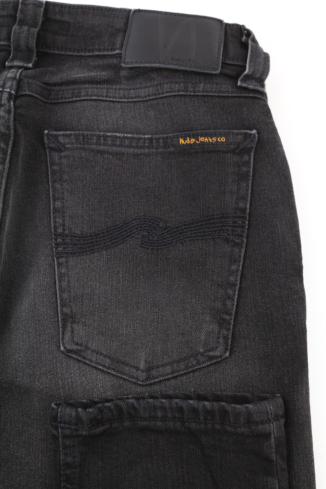 NUDIE JEANS Skinny Lin dėvėti juodi vyriški džinsai W28/L32 medvilninis subraižytas džinsas 