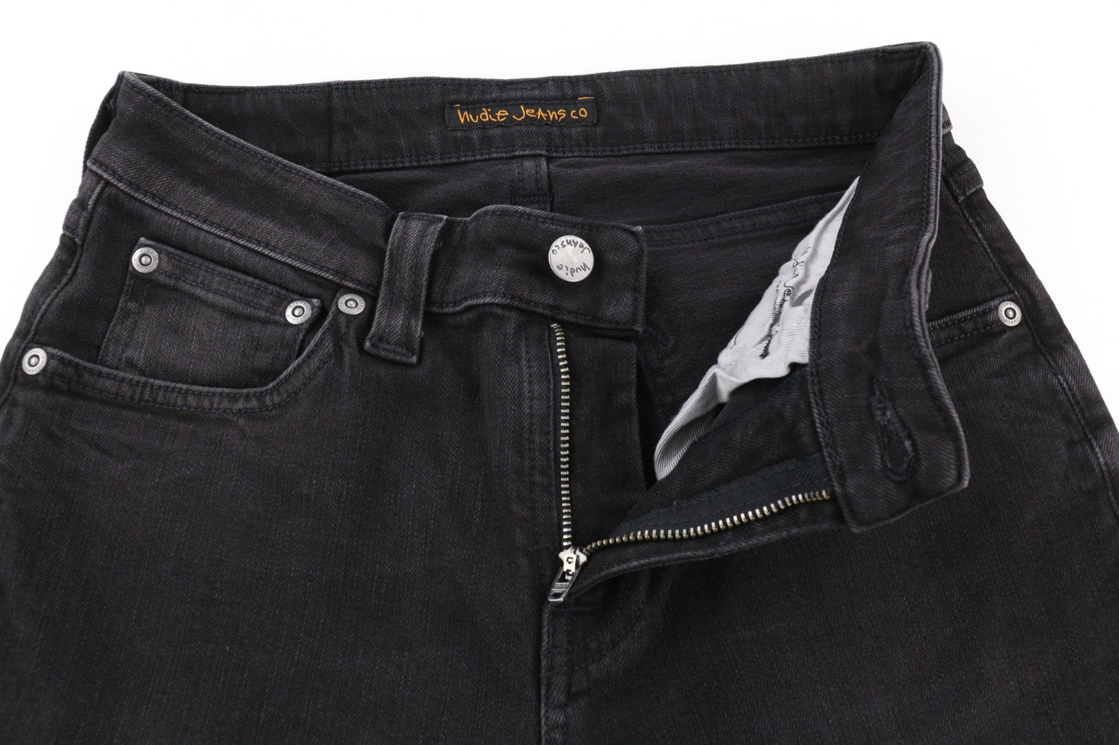 NUDIE JEANS Skinny Lin Used Black Men's Jeans W28/L32 Whisker Wash Zip Cotton