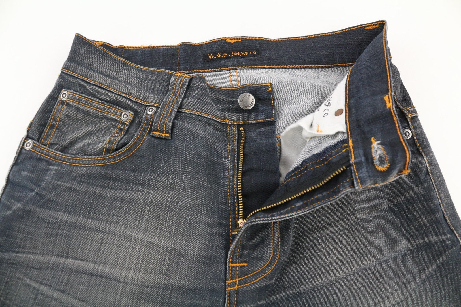 NUDIE JEANS Thin Finn Grey dėvėti vyriški džinsai W29/L34 Slim Zip Fly iš ekologiškos medvilnės 