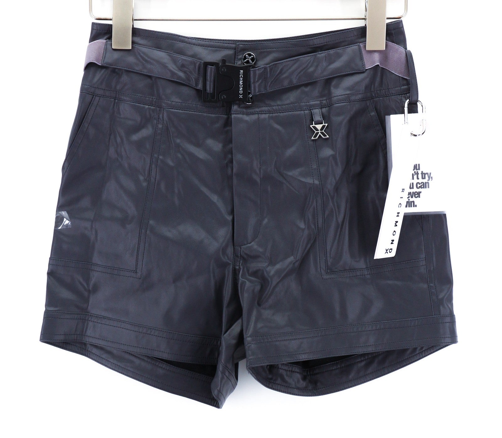 JOHN RICHMOND Women's Shorts S Grey Coated High Rise Belted Pockets