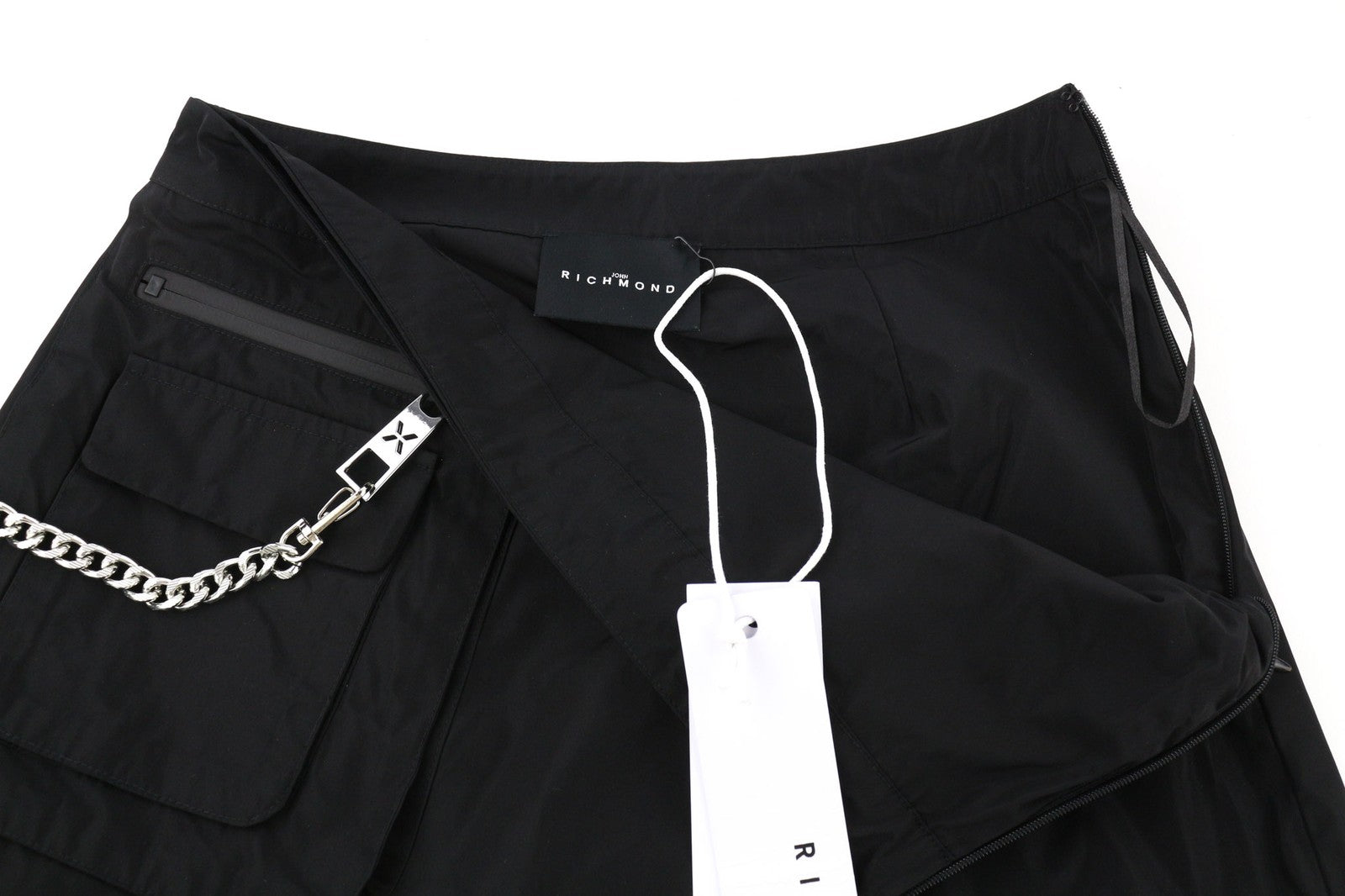 JOHN RICHMOND Women's Skirt ~S Black Short Chain Zip Pocket Logo